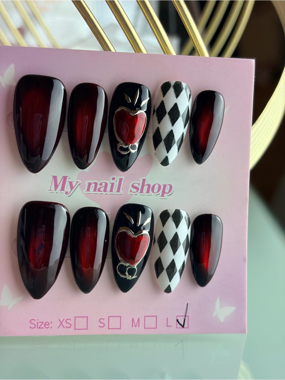 Red ombré & Black Cat Eye Harlequin Press-On Nail Set Large